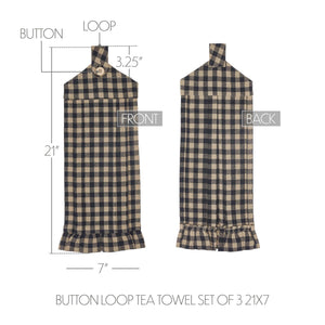 Black Check Button Loop Tea Towel Set of 3