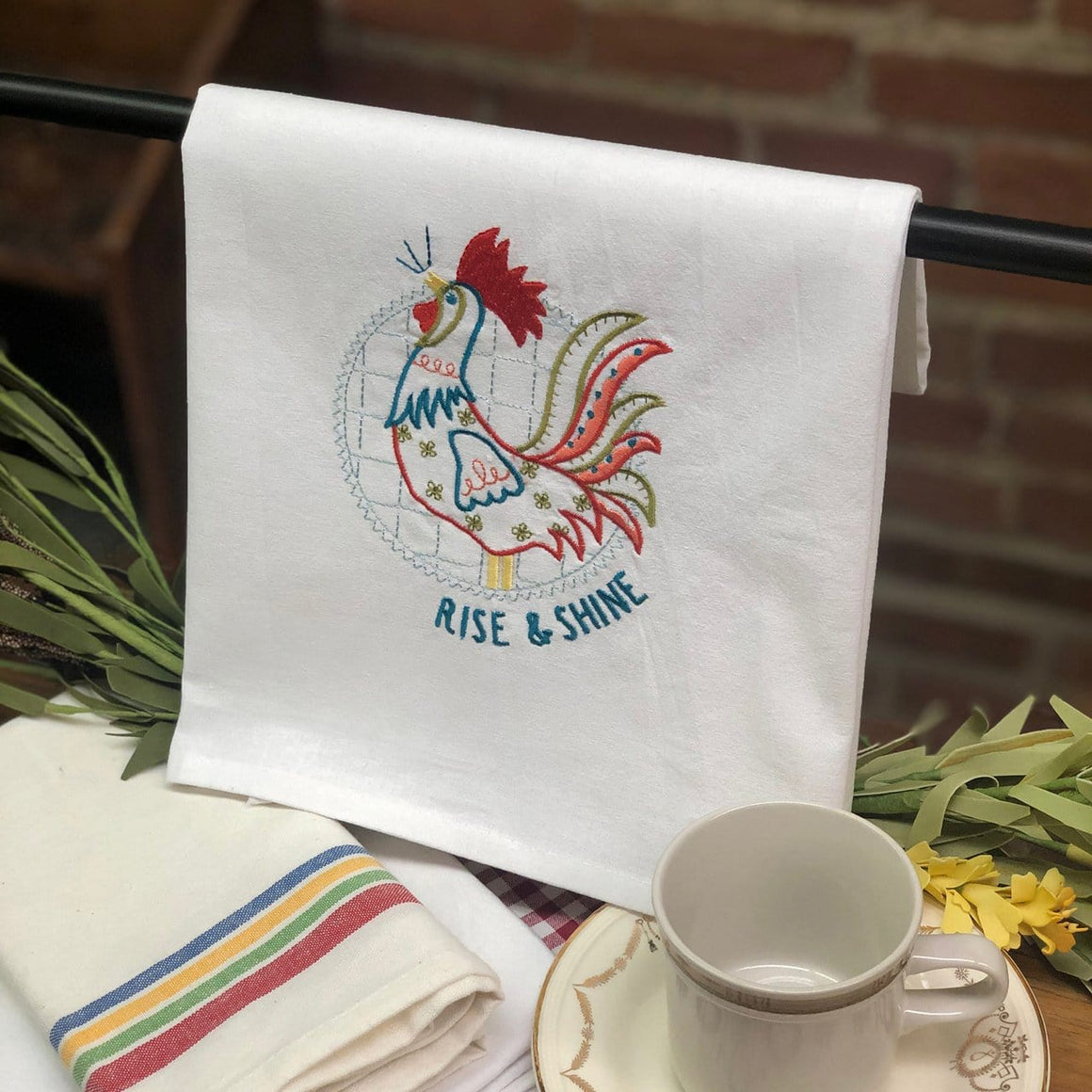 Rise and Shine Embroidered Tea Towel