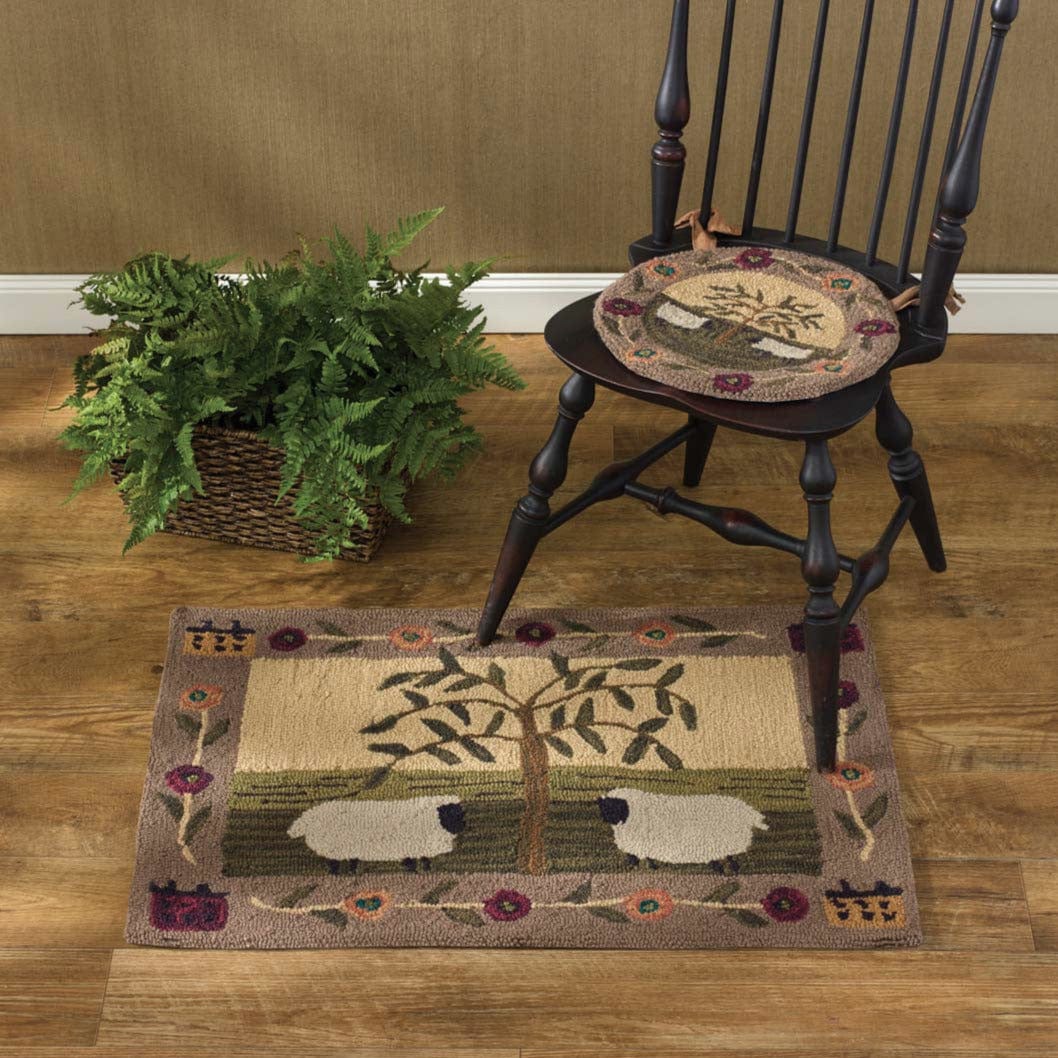 Willow and Sheep Hooked Rug 24" x 36"