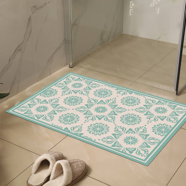 Turquoise Flower Vinyl Floor Mat