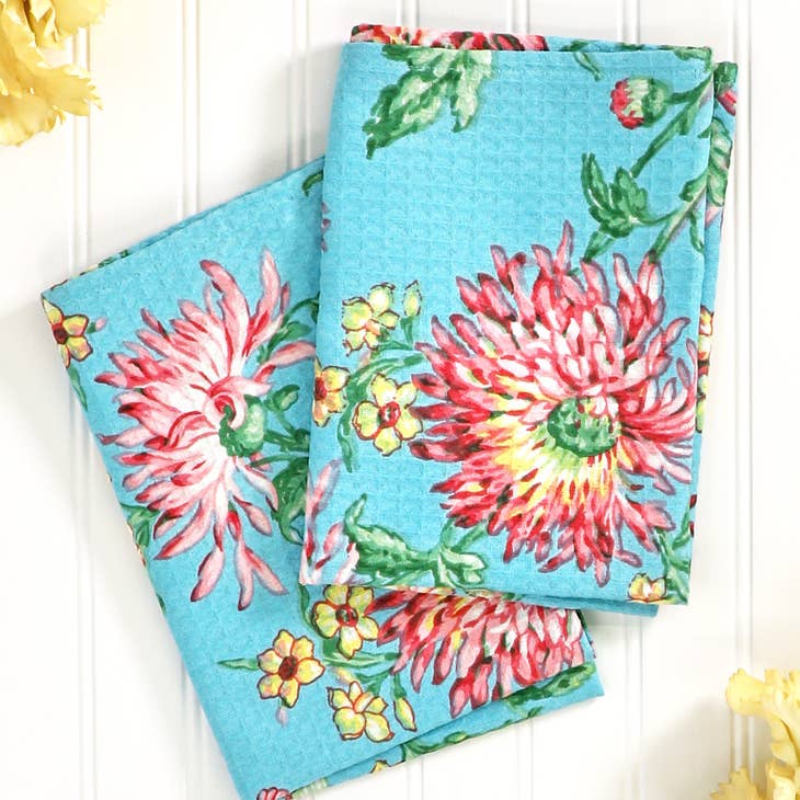 Chrissy Aqua Floral Dishtowel Set of 2