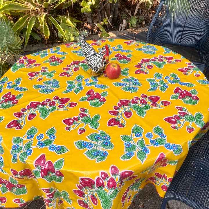 Forever Strawberry Yellow 68" Round Oilcloth Tablecloth