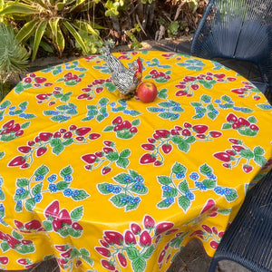 Forever Strawberry Yellow 68" Round Oilcloth Tablecloth