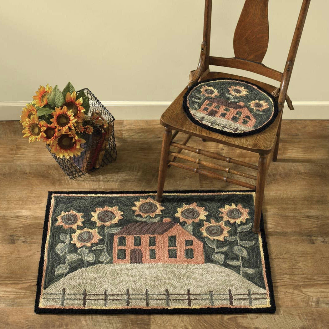 House and Sunflowers Hooked Accent Rug