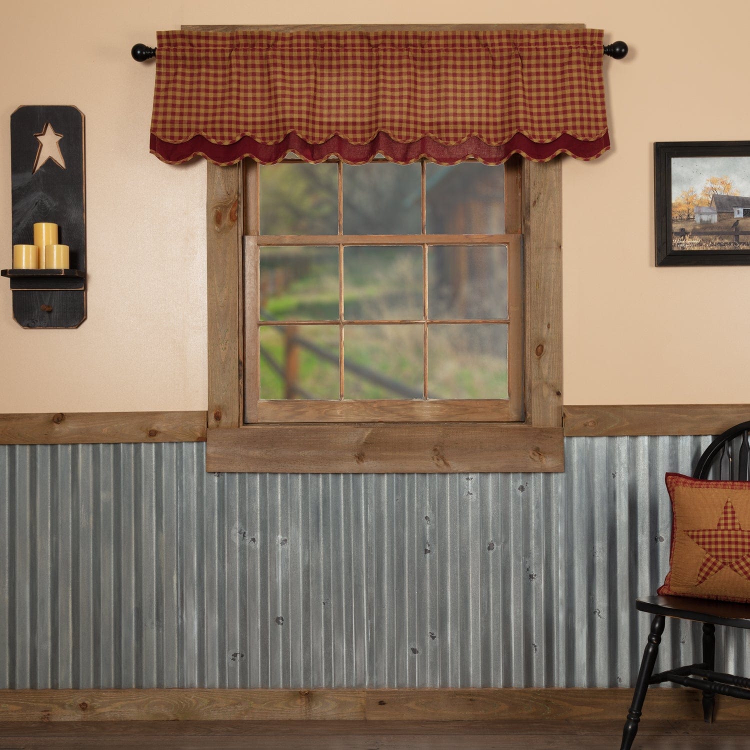 Burgundy Check Layered Valance