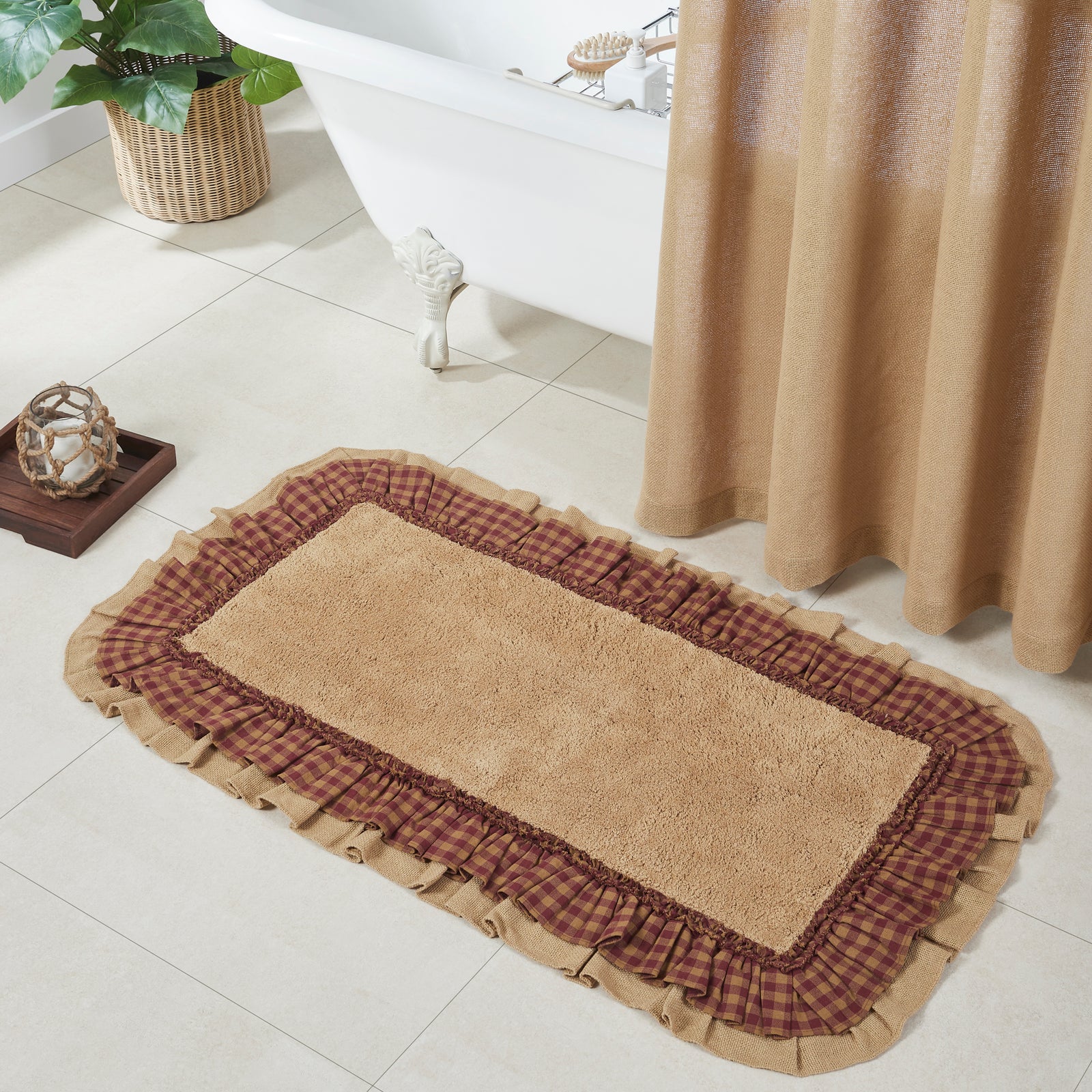 Burlap Natural w/ Burgundy Check Bath Mat