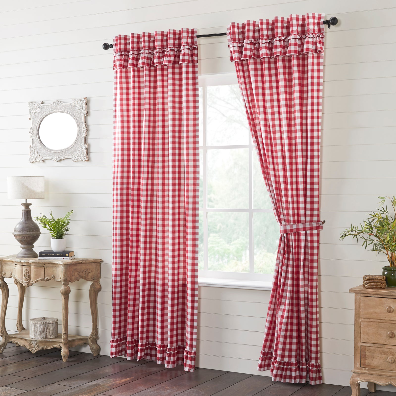 Annie Buffalo Check 96" Ruffled Panel Set - Red