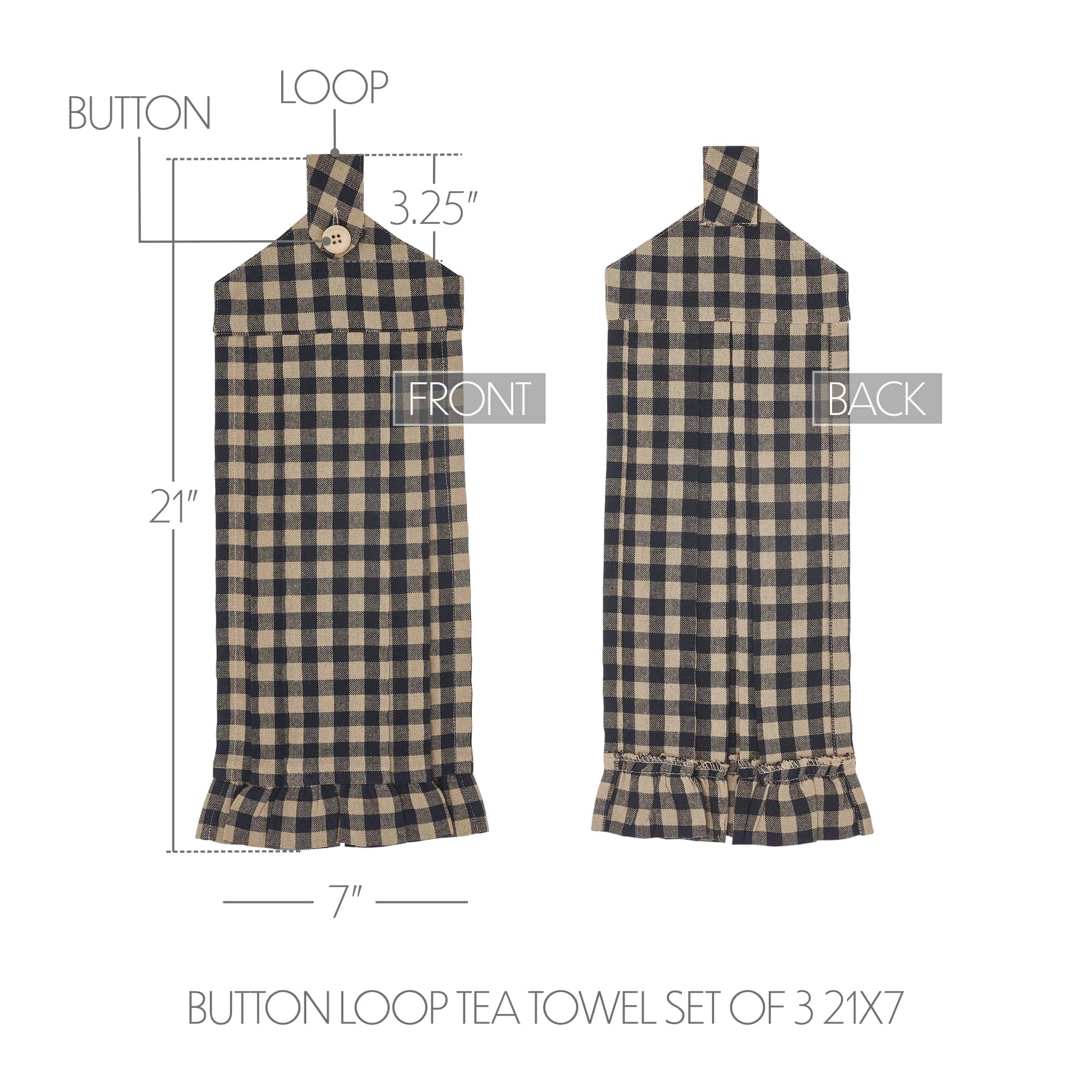 Black Check Button Loop Tea Towel Set of 3