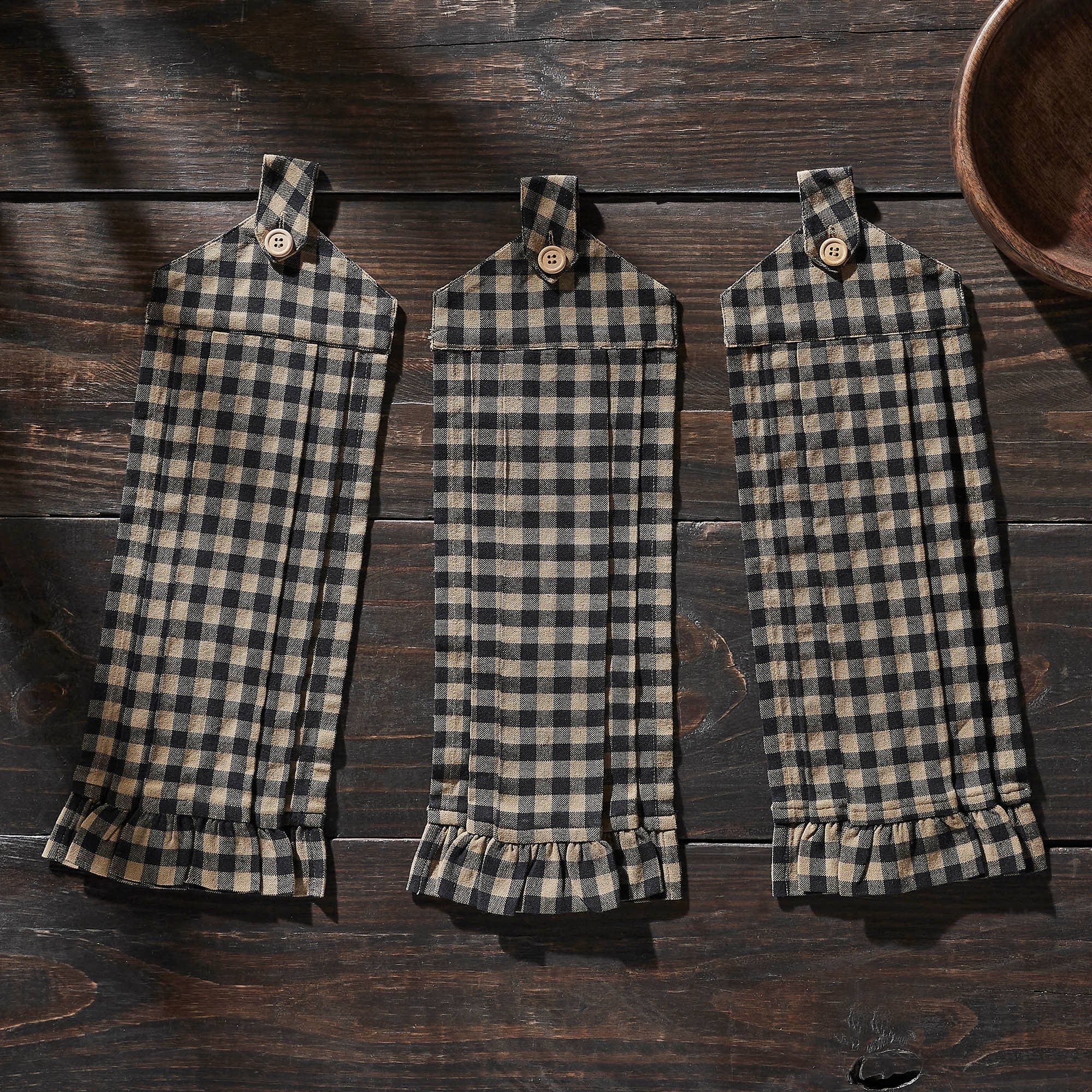 Black Check Button Loop Tea Towel Set of 3