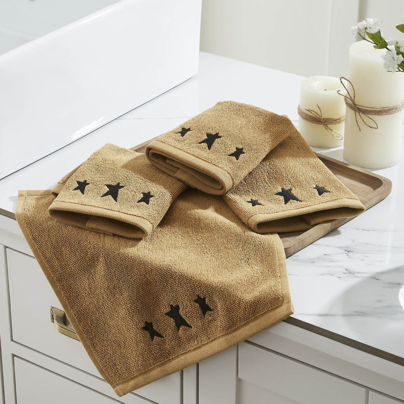 Black Prim Stars Embroidered Wash Cloth Set of 4