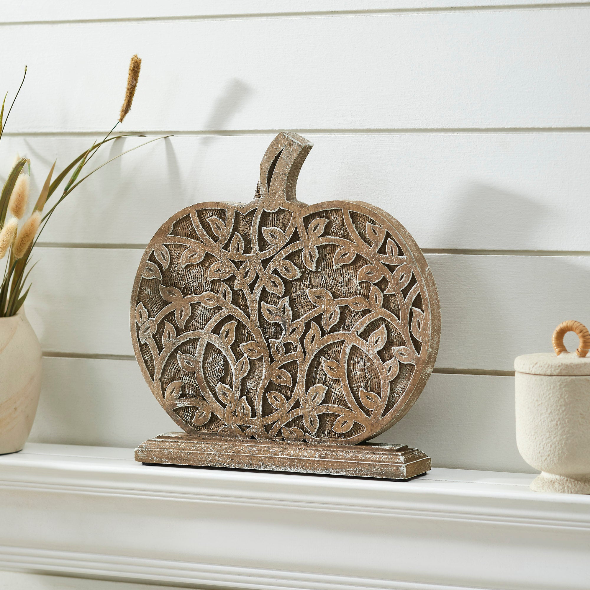 Harvest Vine Carved Wood Pumpkin