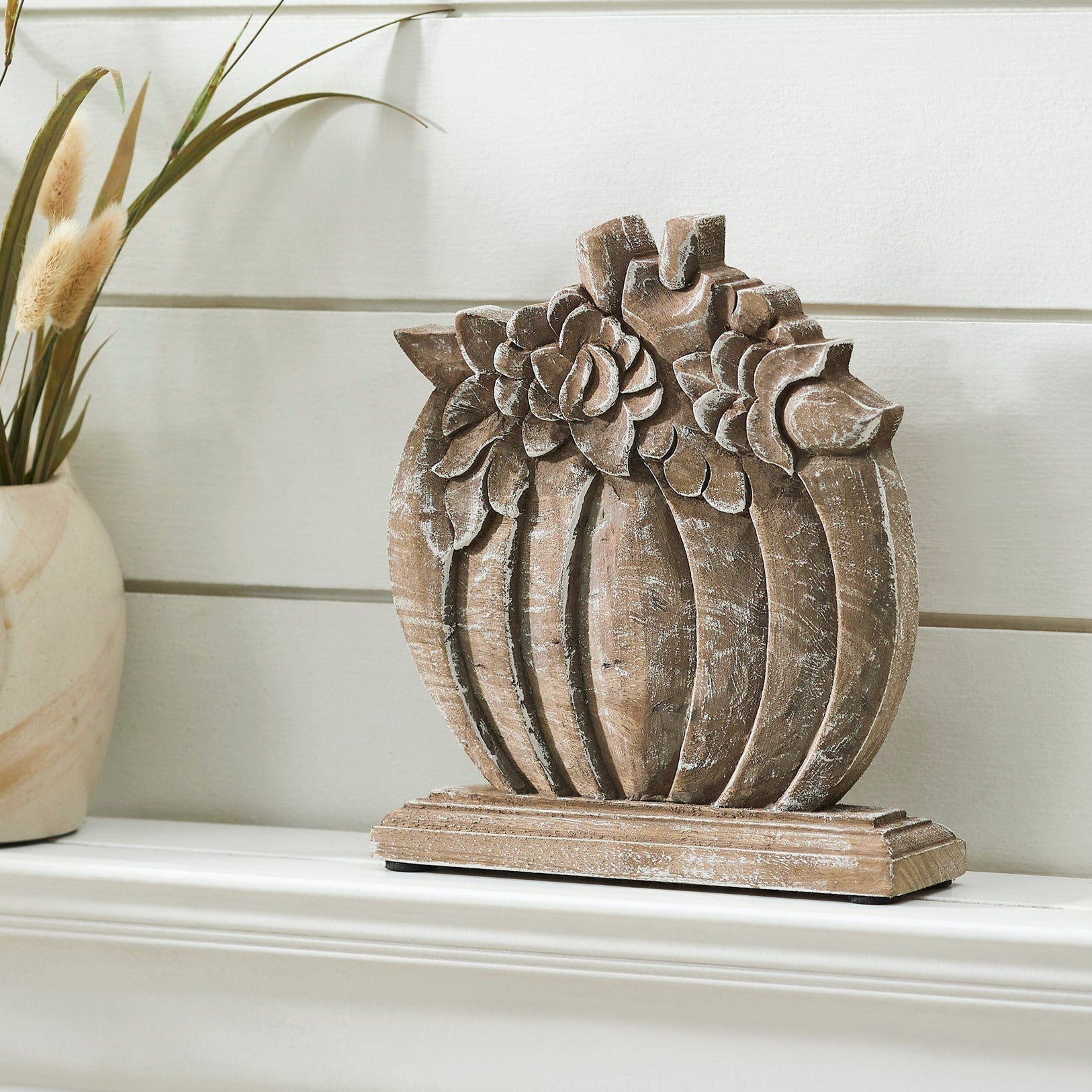 Floral Crown Carved Wood Pumpkin