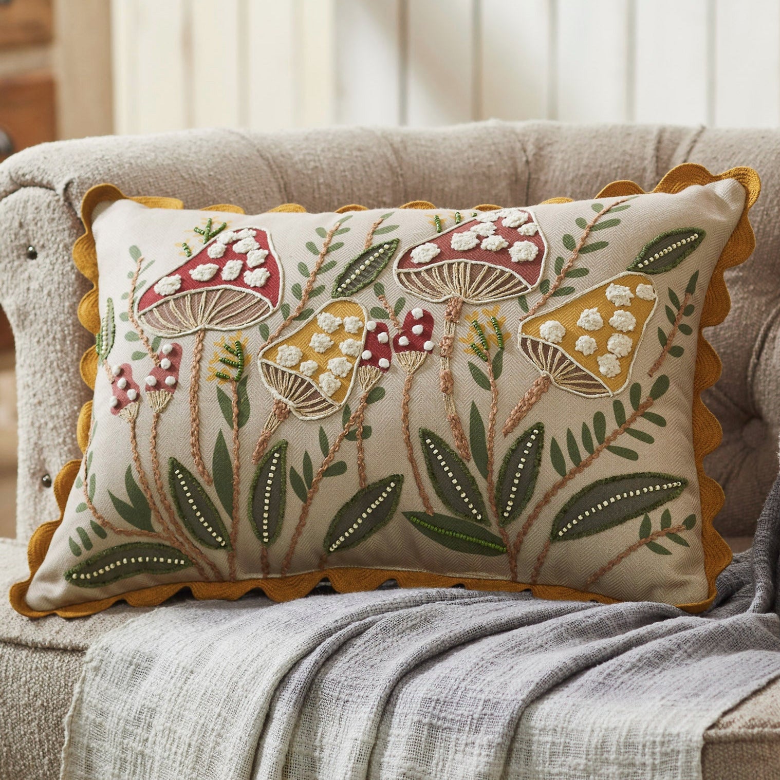 Embroidered Woodland Mushrooms Pillow