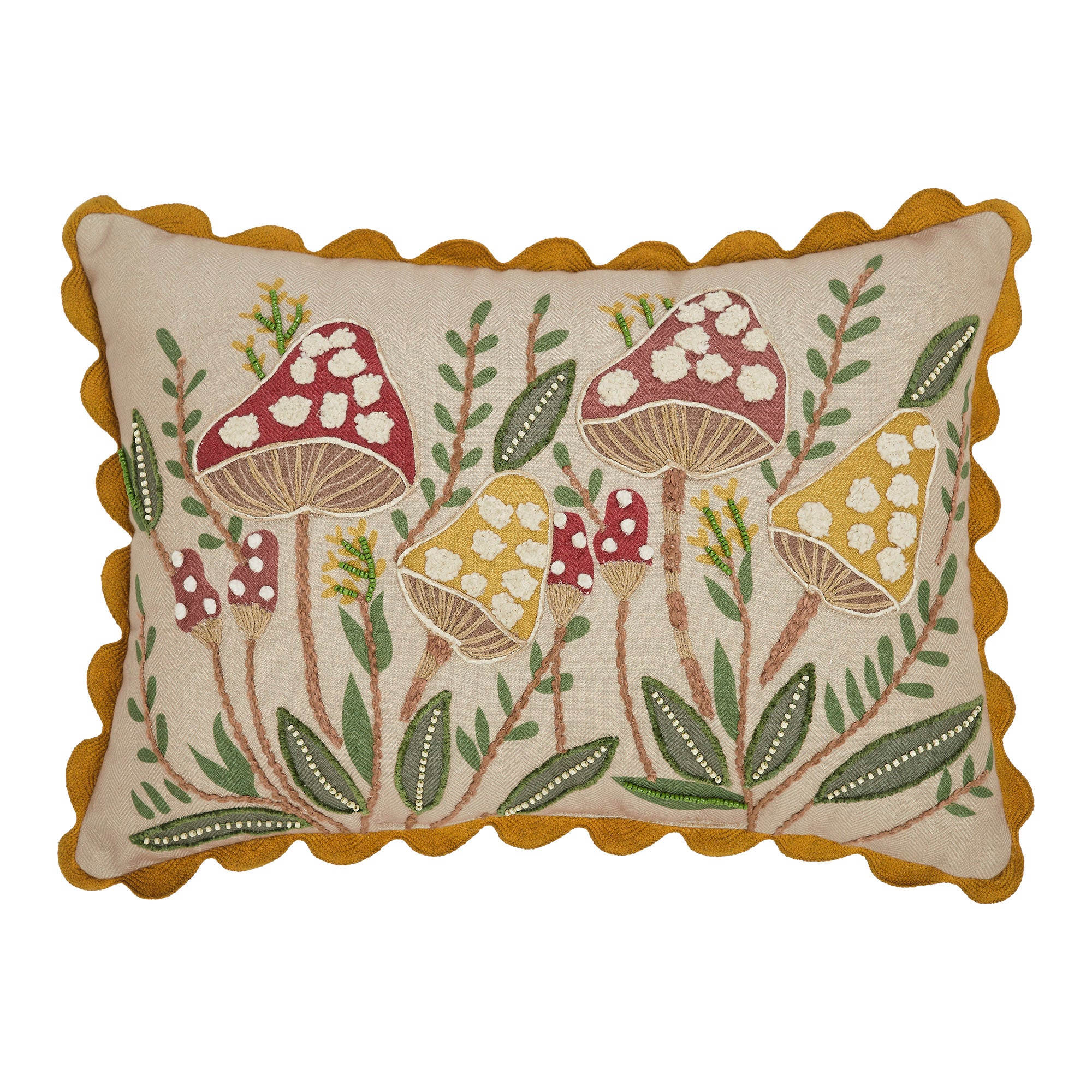 Embroidered Woodland Mushrooms Pillow