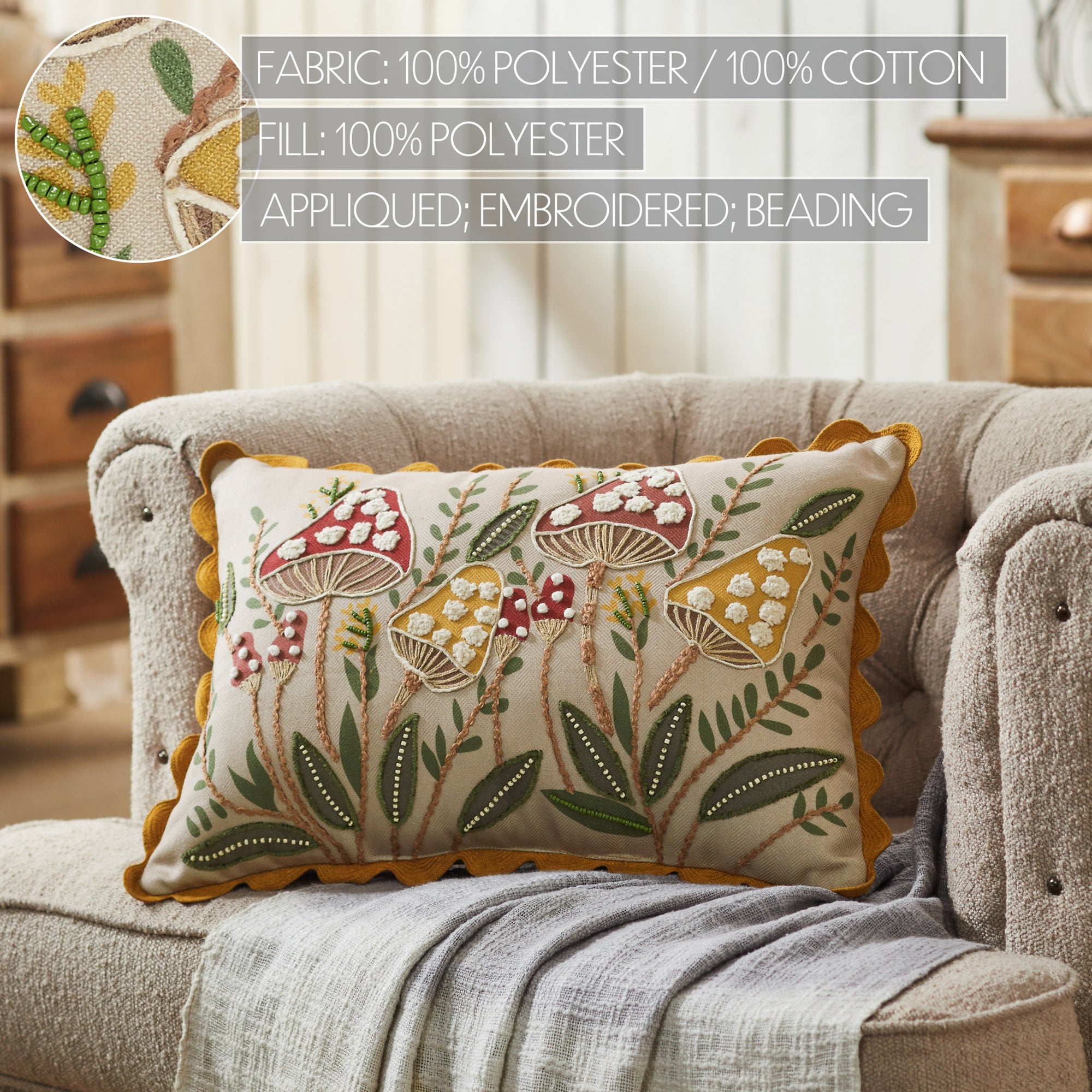 Embroidered Woodland Mushrooms Pillow