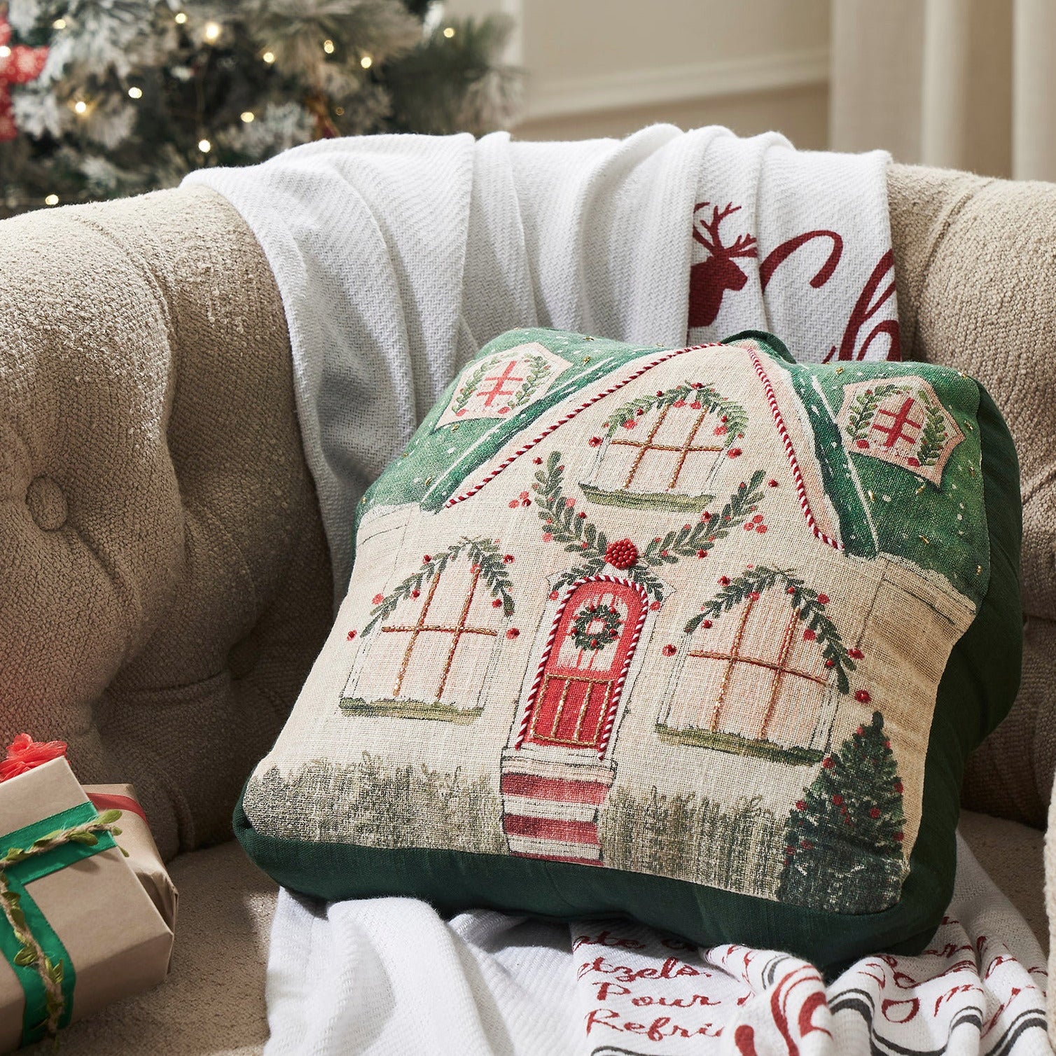 Christmas Cottage Beaded Pillow