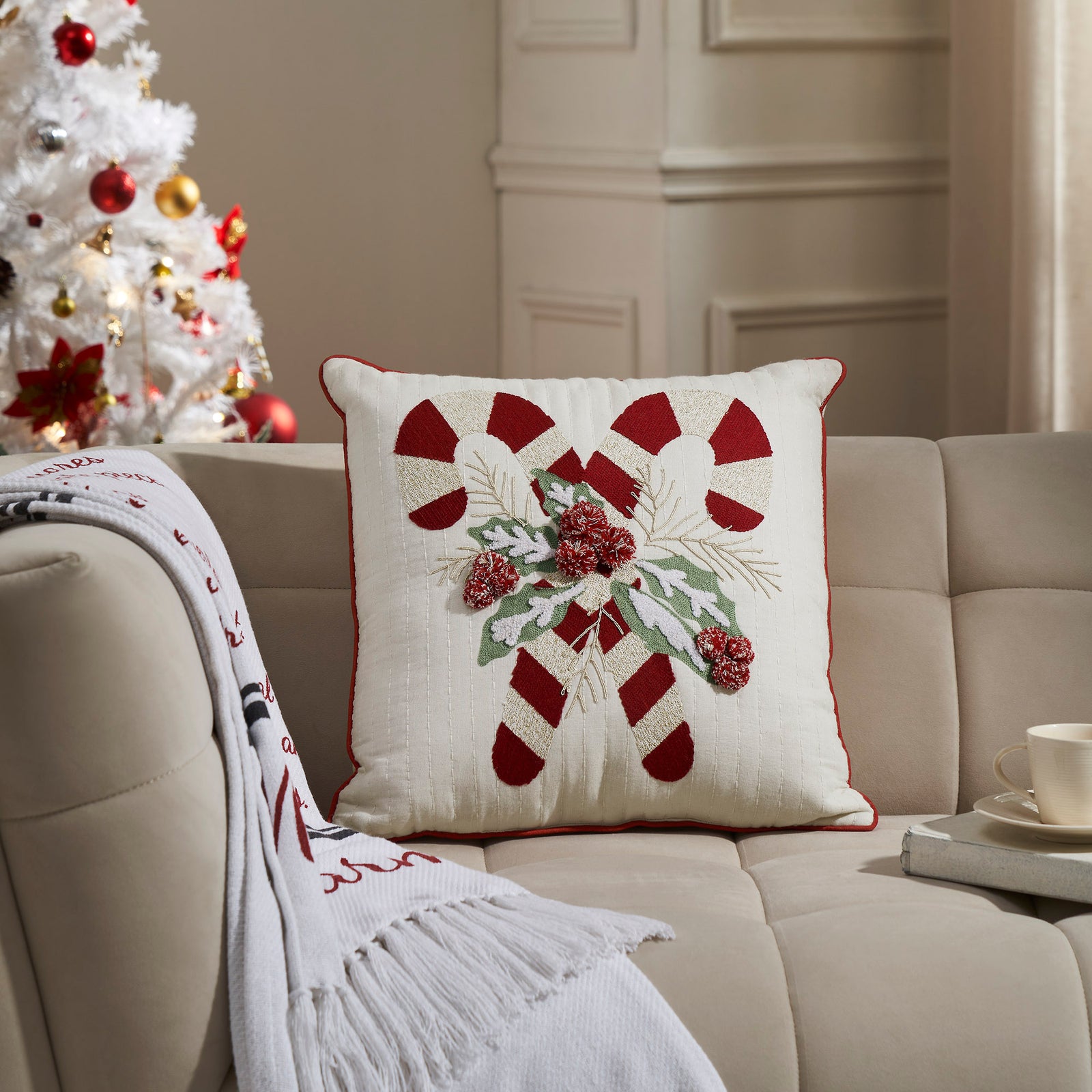 Candy Cane and Holly Pillow