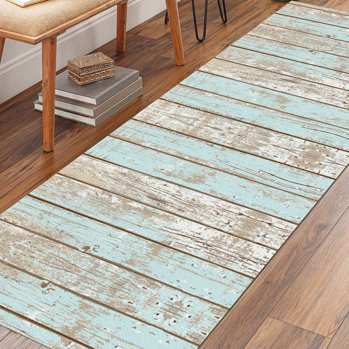 Vintage Blue Faux Wood Vinyl Floor Mat