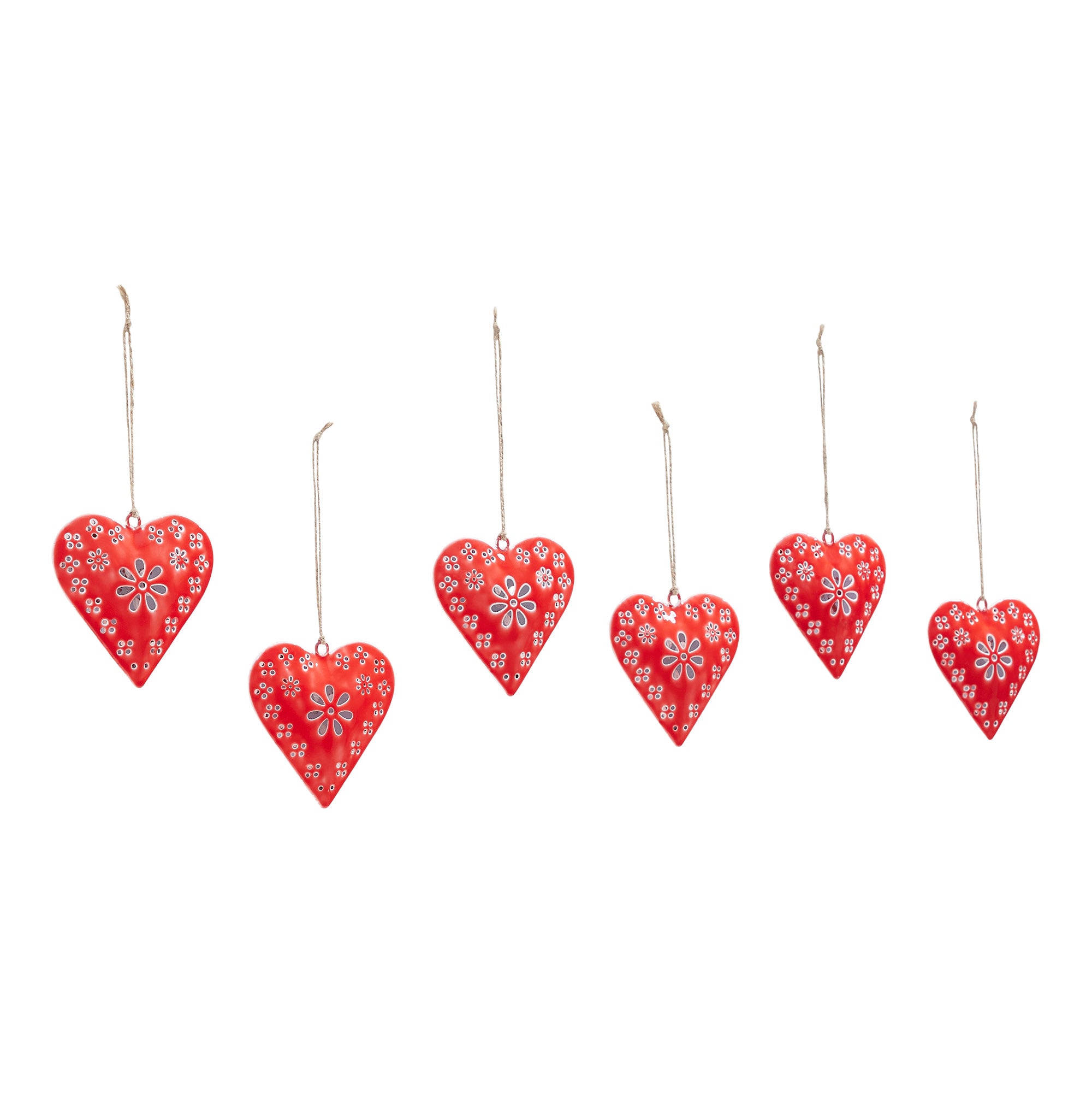 Floral Eyelet Heart Metal Ornament Set of 6