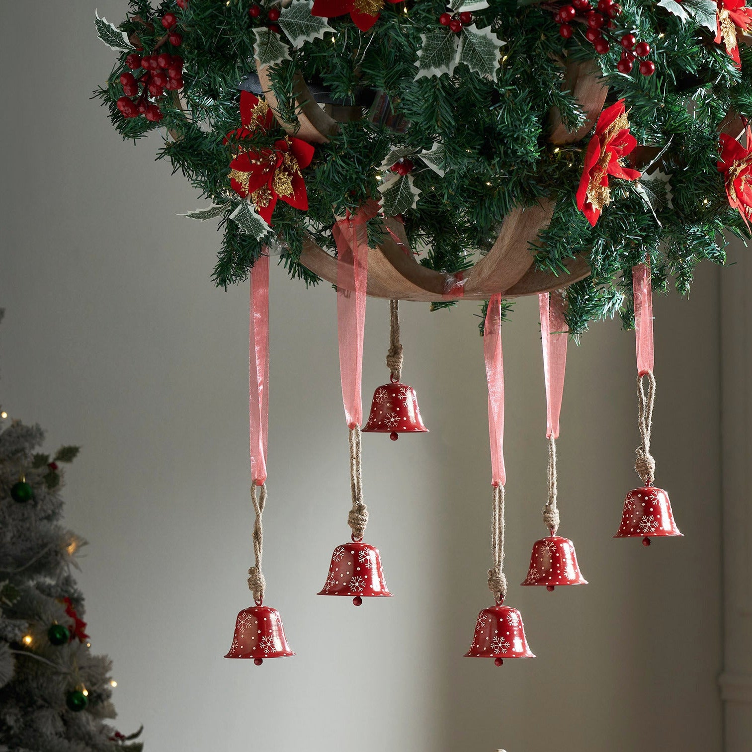Falling Snow Red Bell Metal Ornament Set of 6