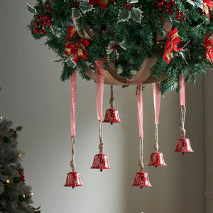 Falling Snow Red Bell Metal Ornament Set of 6