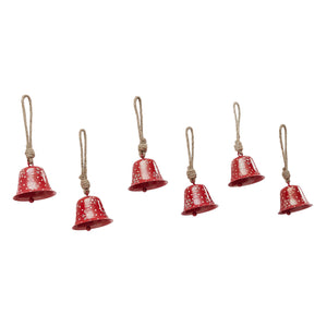Falling Snow Red Bell Metal Ornament Set of 6