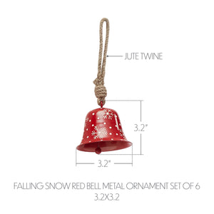 Falling Snow Red Bell Metal Ornament Set of 6