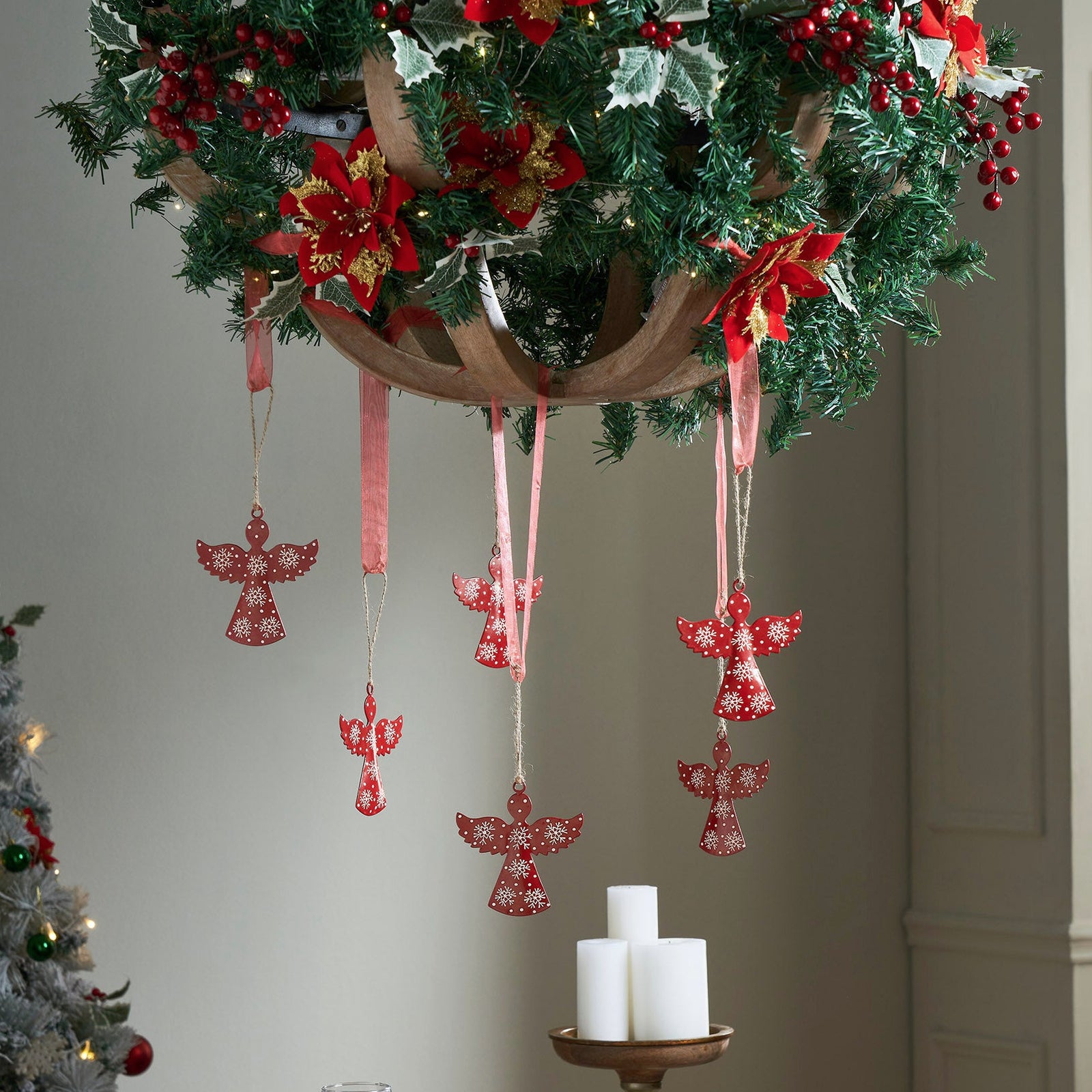 Falling Snow Red Angel Metal Ornament Set of 6