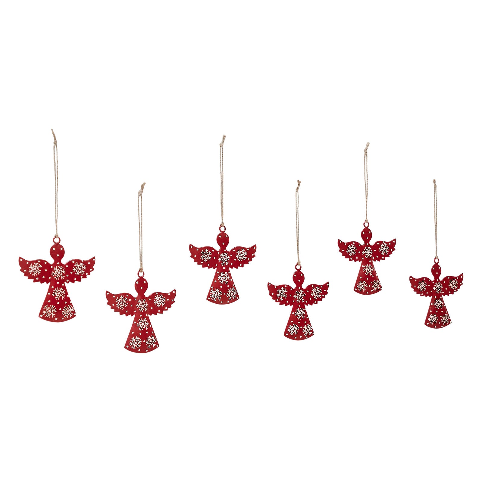 Falling Snow Red Angel Metal Ornament Set of 6