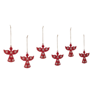 Falling Snow Red Angel Metal Ornament Set of 6