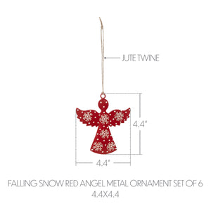 Falling Snow Red Angel Metal Ornament Set of 6