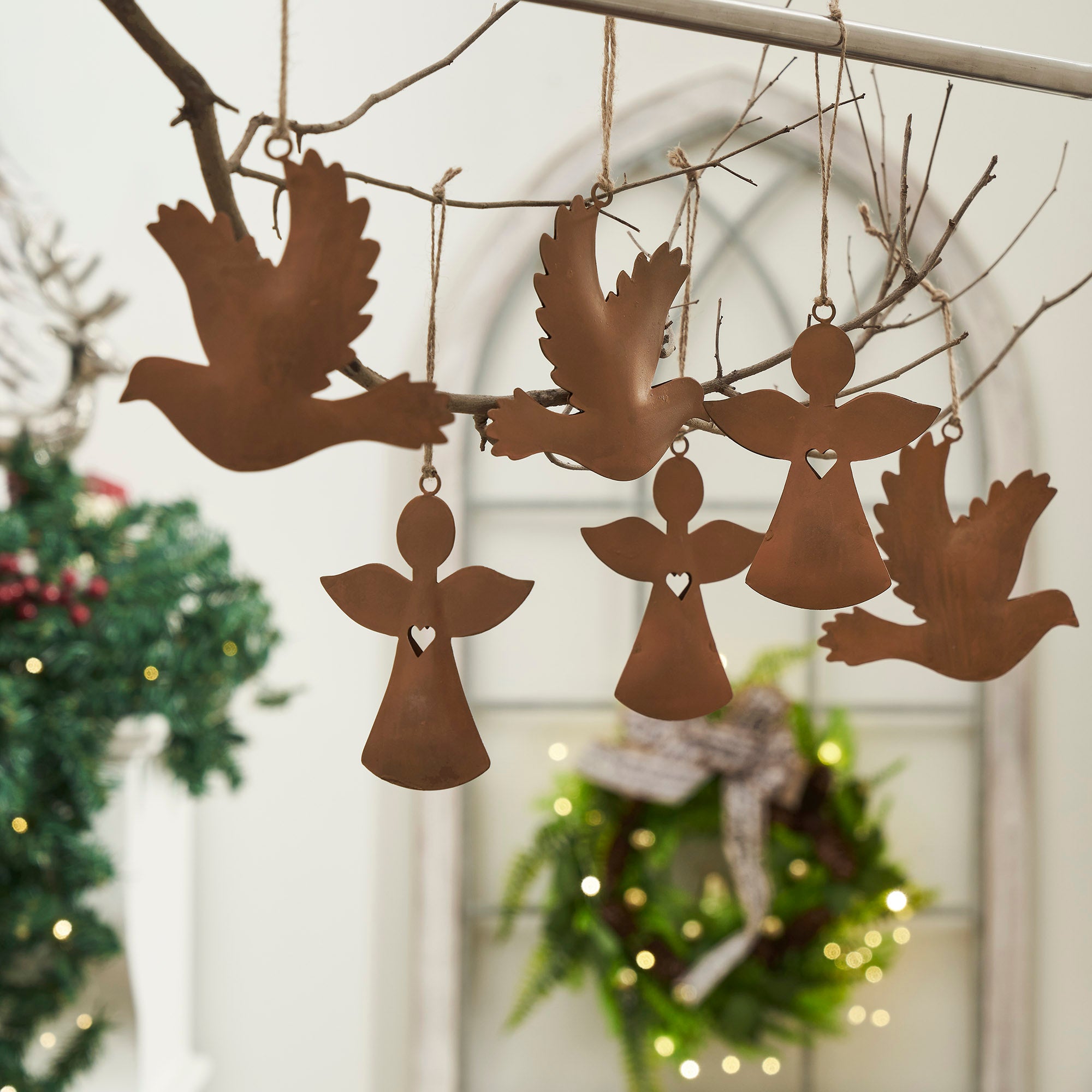 Rust Angel and Dove Metal Ornaments Set of 6