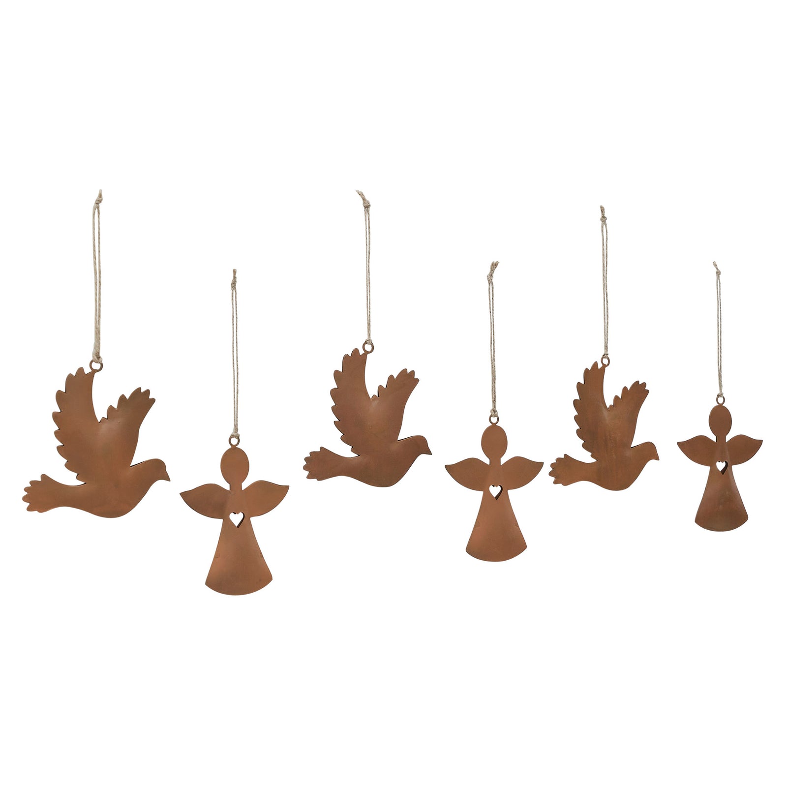 Rust Angel and Dove Metal Ornaments Set of 6