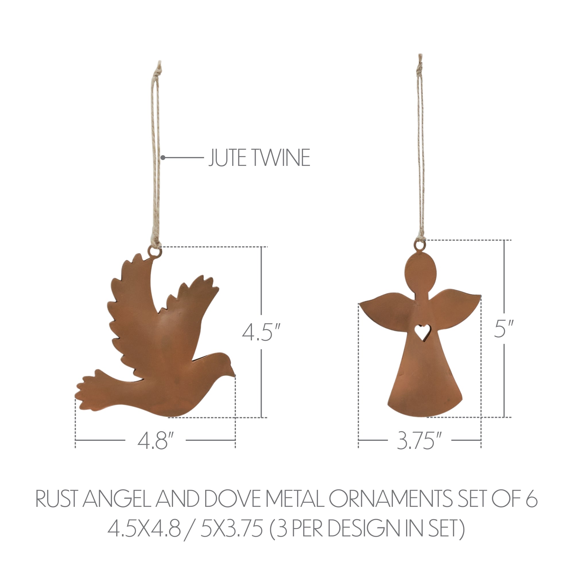 Rust Angel and Dove Metal Ornaments Set of 6