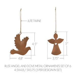 Rust Angel and Dove Metal Ornaments Set of 6