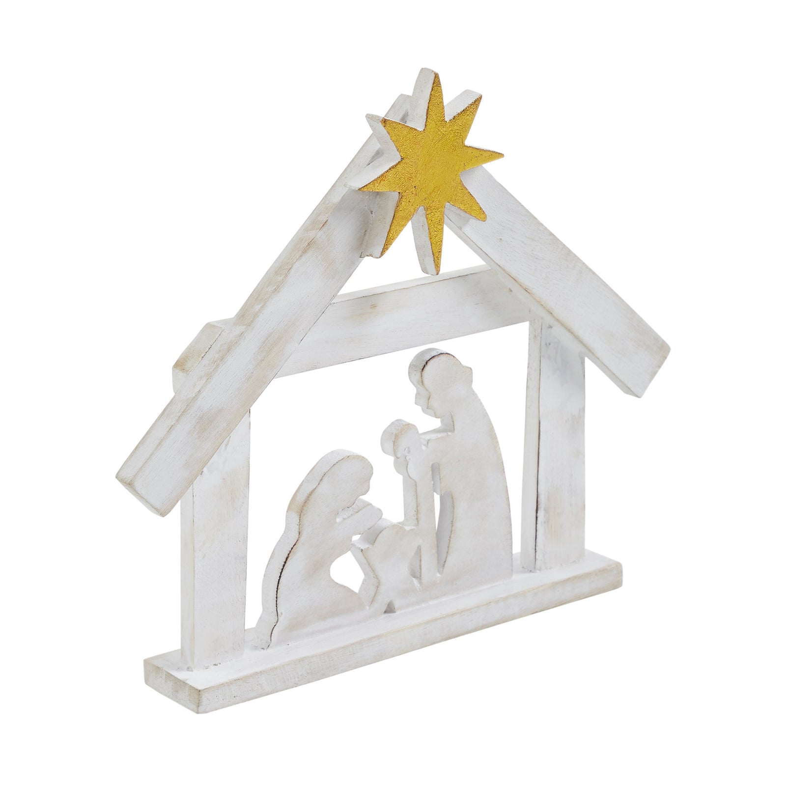 A Savior is Born Distressed White Wooden Nativity Scene