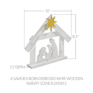 A Savior is Born Distressed White Wooden Nativity Scene