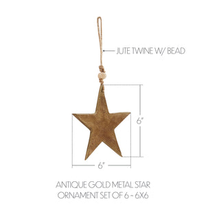 Antique Gold Metal Star Ornament Set of 6