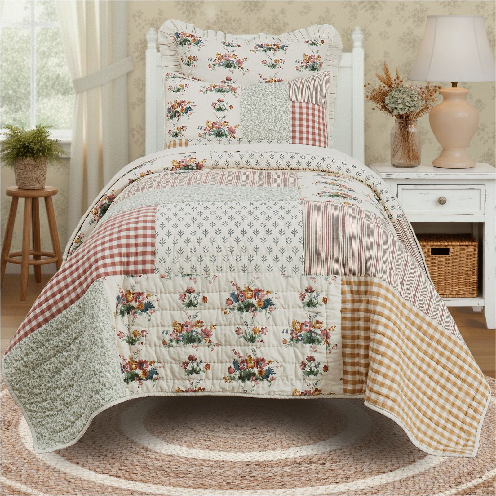 Rosehill Cottage Twin Patchwork Quilt Set- 3 Piece
