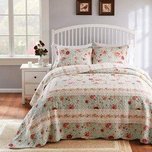 Antique Rose Blue Quilted Bedspread Set