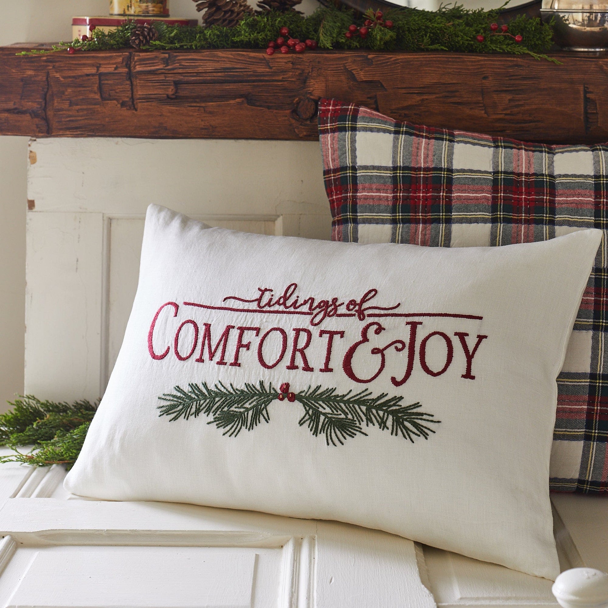 Comfort and Joy Embroidered Linen Pillow