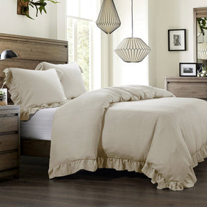 Lily Ruffled Comforter Set / Duvet Cover Set- Light Tan