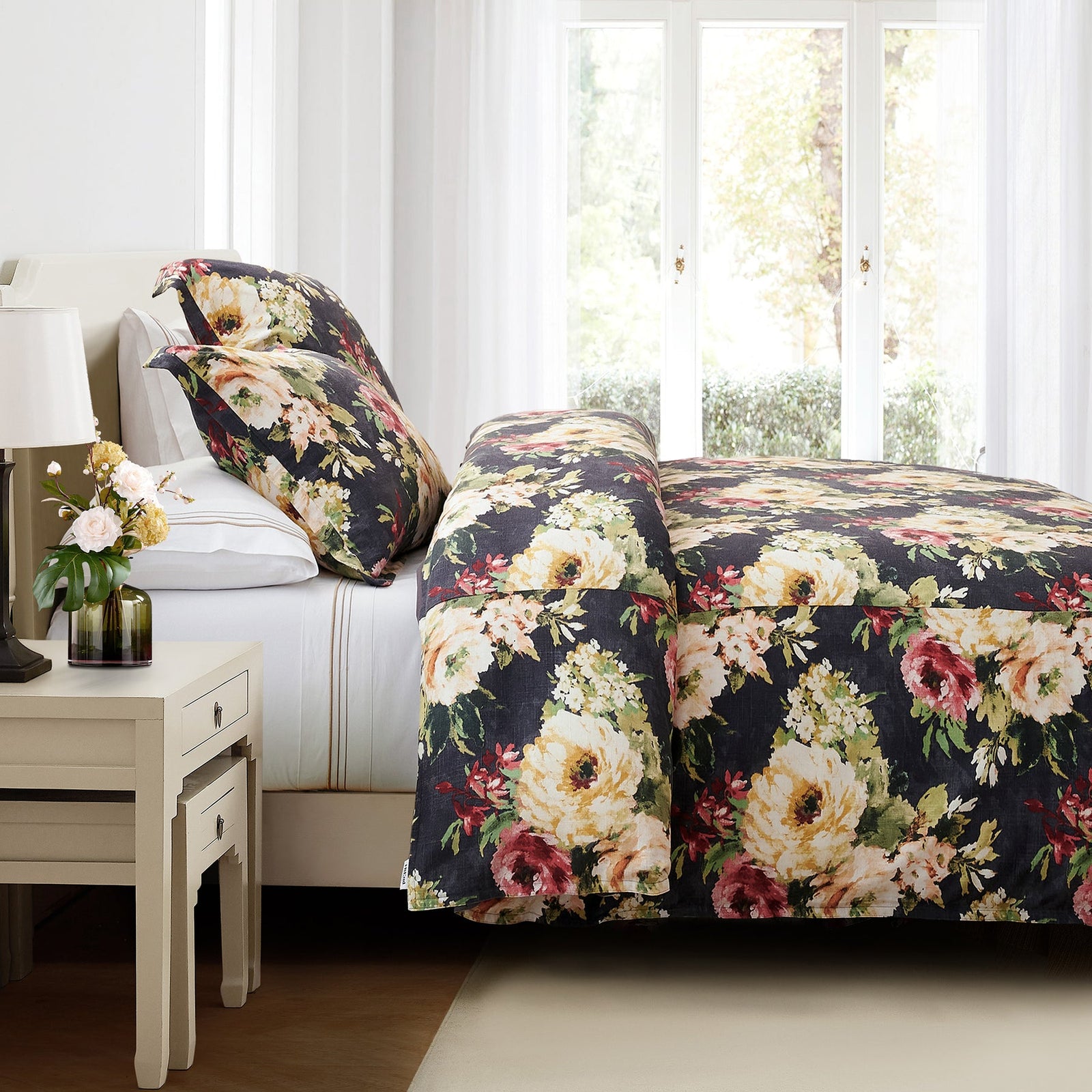 Charcoal Peony Washable Linen Blend Comforter/ Duvet Cover Set