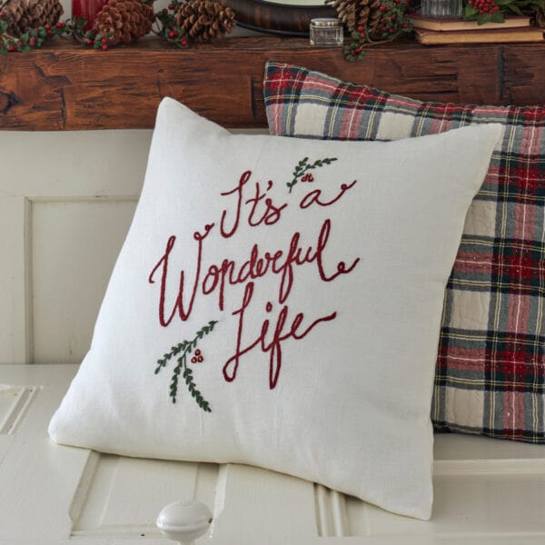 Wonderful Life Embroidered Linen Pillow Cream