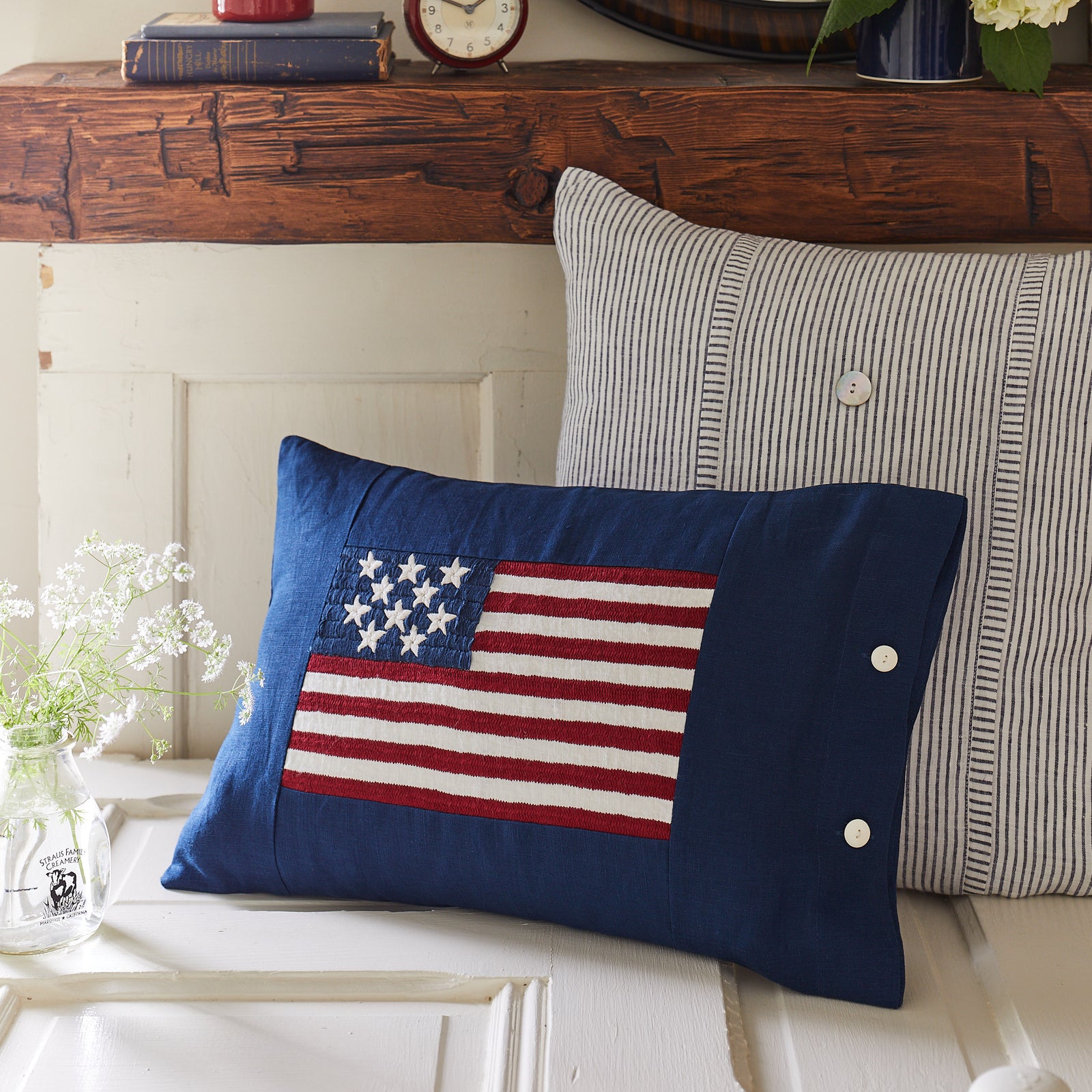 Embroidered Denim Flag Pillow