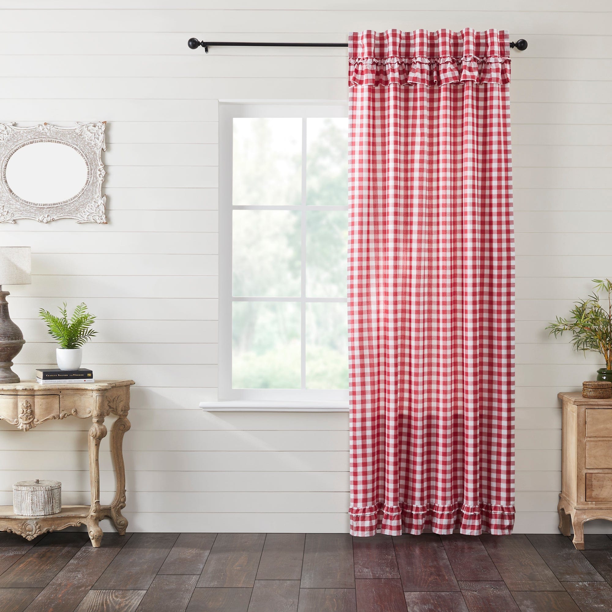 Annie Buffalo Check 96" Ruffled Panel Curtain - Red