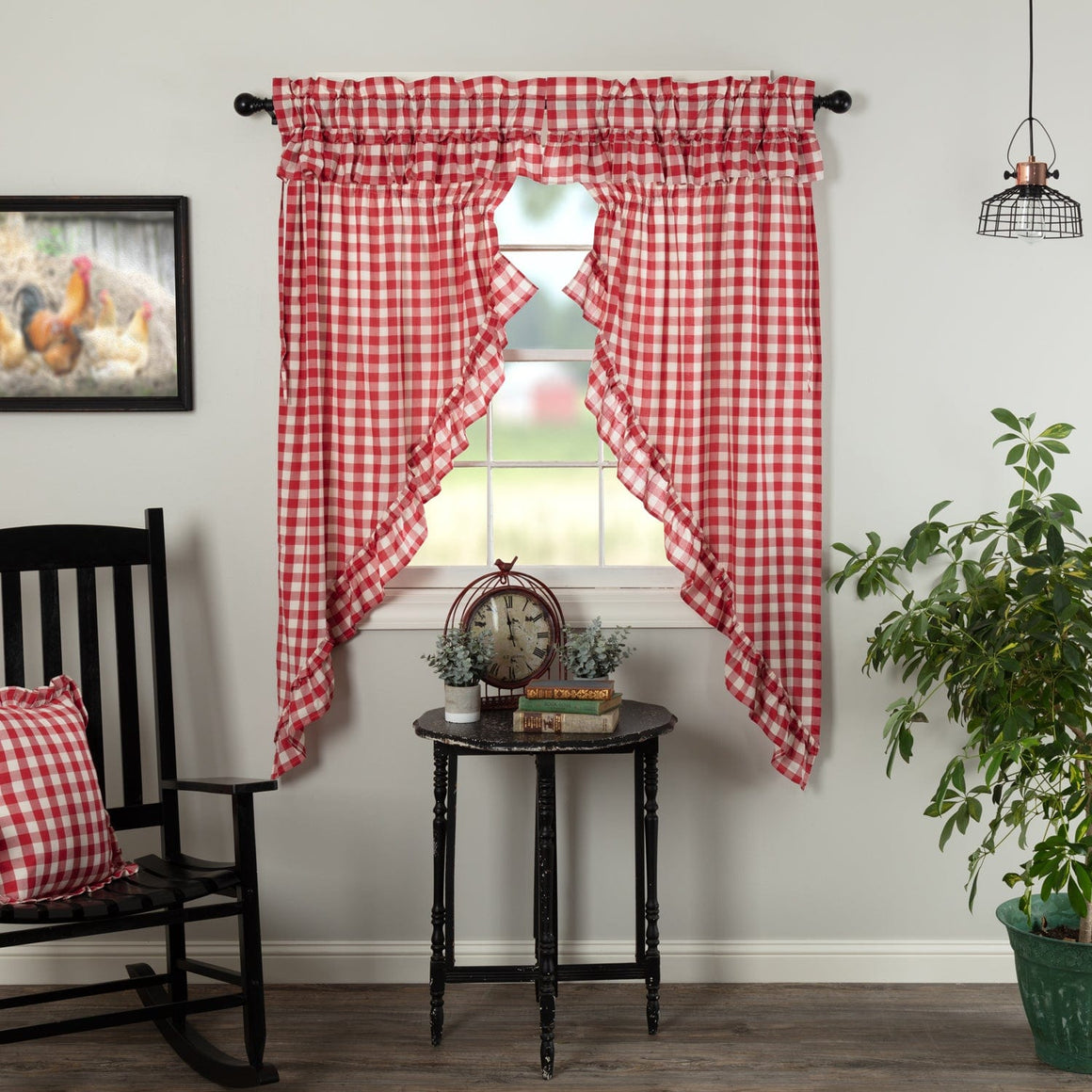 Annie Buffalo Check Ruffled Prairie Curtain - Red