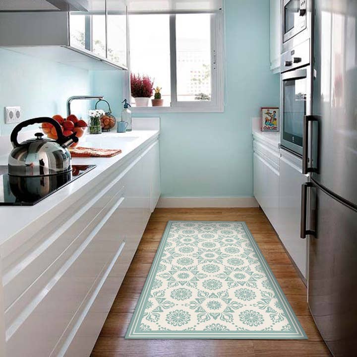 Turquoise Flower Vinyl Floor Mat