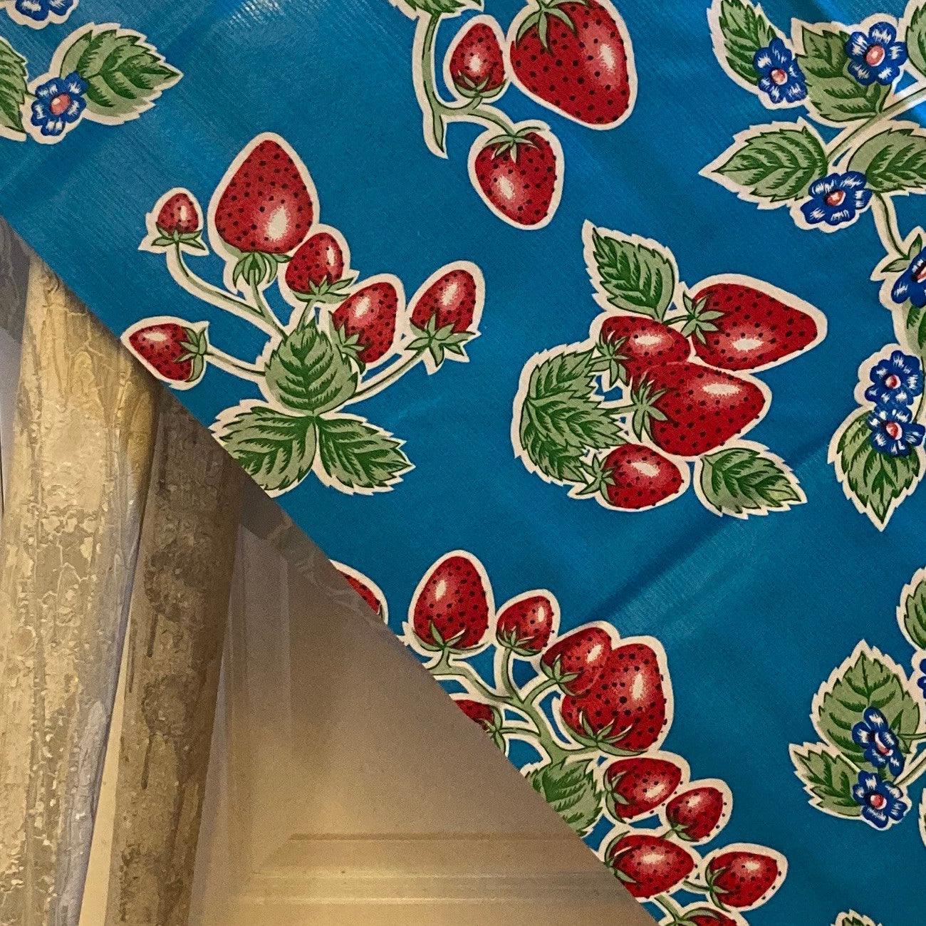 Forever Strawberry Blue Oilcloth Tablecloth