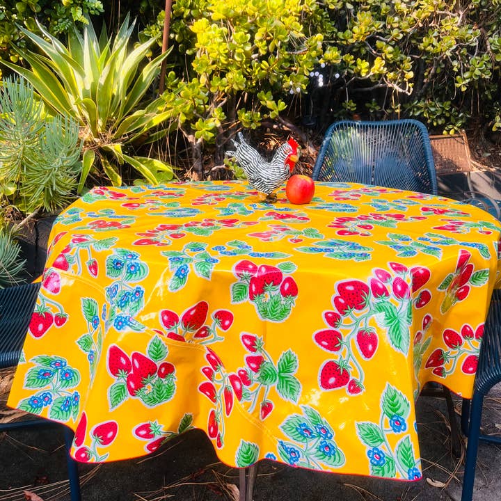 Forever Strawberry Yellow 68" Round Oilcloth Tablecloth